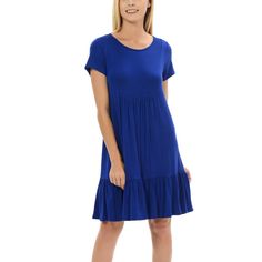 Blue Midi Dress With Ruffled Bottom Color: Blue 95% Rayon, 5% Spandex Hand Wash, Hang Dry Made In Usa Small 0-4 Medium 6-8 Large 10-12 X-Large 12-14 Empire Waist Dress, Dresses Blue, Blue Midi Dress, Empire Waist, Ruffle Hem, Fitted Dress, Blue Dresses, Made In Usa, Short Sleeve Dresses