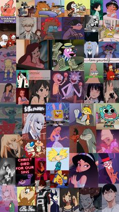 many different cartoon characters are grouped together in this collage, with the same character on each