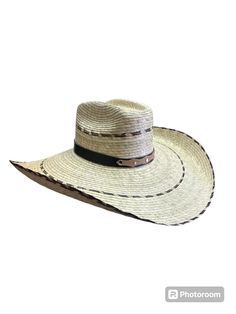 ONE MEXICAN PALM COWBOY HAT 20" APROX WHOLE  DIAMETER  8" HEAD CIRCUNFERENCE  100% Palm Leaf HANDMADE  ARTESANAL  COWBOY Hat Style  Handmade by artisans in GUANAJUATO  Mexico  Made from Palm leafs. These hats are individually hand crafted by artisans  Great for Everyday Use Inner Elastic Band to help with the one size fits most Handmade Western Style Panama Hat With Curved Brim For Outdoors, Country Style Hat With Flat Brim For Ranch, Country Style Flat Brim Hat For Ranch, Country Style Short Brim Hat For Rodeo, Country Style Curved Brim Hat For Ranch, Western Style Panama Hat For Outdoor, Country Style Straw Hat With Flat Bill For Outdoor, Country Style Flat Bill Hats For Ranch, Western Panama Hat For Country Events