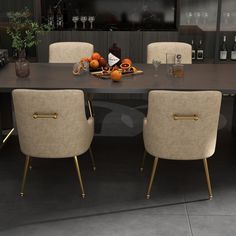 a dining room table with chairs around it and bottles on the wall behind it, in front of an entertainment center