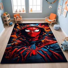 a child's room with a spiderman rug on the floor