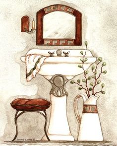 a drawing of a sink and mirror in a bathroom with flowers on the counter top