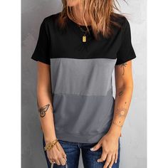 Loose Color Block Tee  Material: Polyester  Size: S, M, L, XL, 2XL Color: Black, Gray, Orange  Occasion: Outdoor, Daily,  Vacation Women Tshirt Design, Color Block Tee, Picture Style, Legging Sport, Women Tshirt, Short Sleeve Pattern, Women's Boutique, Heat Styling Products, Tshirt Design