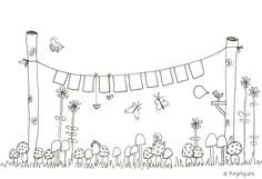 a drawing of a garden with lots of plants and birds hanging from the clothes line