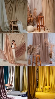 different colored curtains and chairs in various stages of being used as backdrops for an event