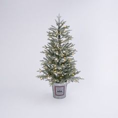 a small christmas tree in a pot with lights on the top and bottom, standing upright