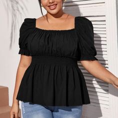 Ladies Shein Curve Size 1x Black Shoulder Puff Blouse With Elastic Waist Band . Never Worn. How To Wear A Pleated Skirt, Milkmaid Blouse, Applique Blouse, Lantern Sleeved Blouses, Fashion Tops Blouse, Peplum Blouse, Plus Size Kleidung, Plus Size Blouses, Blouse Top