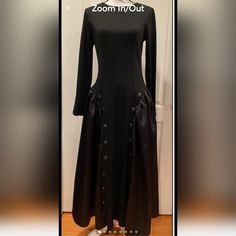 New With Tag Upper Part Stretch Us Size L Shoulders 15"+ Sleeves 23.5" Bust 34"-40" Waist 30"-35" Length 50" Skirt Length 31.5" Black Fitted A-line Maxi Dress, Fitted Black A-line Maxi Dress, Fitted A-line Maxi Dress For Fall, Gothic Maxi Dress For Spring Evening, Gothic Evening Maxi Dress For Spring, Black Stretch Full-length Dress, Fitted Gothic Winter Dresses, Elegant Fitted Costume Dress, Gothic A-line Formal Dress