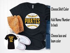 Take me out to the ballgame..in this custom Pirates baseball shirt.  Support your favorite player/team in this shirt customized just for you.  You can choose the colors of the design as well as the colors of the shirt.  You may also add name and number to the back.  Perfect shirt for those long days at the ballfield.  Simply add your request into the personalization box at checkout.  Shirts are all unisex sizing.  Please review color chart for best fit.  Choose any color shirt from our chart and choose custom color at checkout if color is not listed.   Shirts are made from 100% pre-shrunk cotton and are UNISEX sizes that run true to size.  Ladies, if you prefer a slimmer fit, consider going a size down.  Please see the measurement chart for your correct size.  Please be sure to check the m Team Logo T-shirt With Baseball Collar, Customizable T-shirt With Baseball Collar For Sports, Team Spirit Baseball Jersey For Baseball Season, Team-colored T-shirt With Team Logo And Baseball Collar, Customizable T-shirt With Baseball Collar For Sports Events, Team-colored T-shirt With Team Name And Baseball Collar, Game Day T-shirt With Team Logo And Baseball Collar, Sports Shirt With Team Name For Baseball Season, Collegiate Customizable T-shirt For Team Events