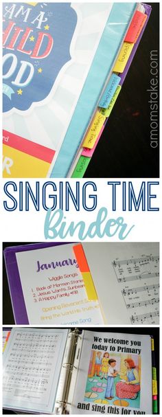 a binder with the words singing time on it and an open binder that says,