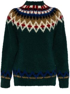 dark green/multicolour wool blend chunky knit geometric-pattern print extra-long sleeves crew neck frayed detailing Studded Sweater, Chunky Knit Sweater, Extra Long Sleeves, Knitwear Men, Men's Knit, Summer Beach Wear, Chunky Knits Sweater, Green Sweater, Light Jacket