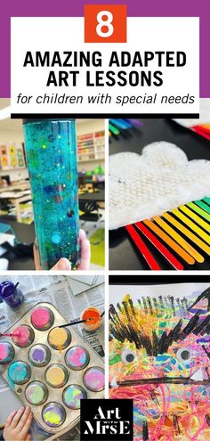 This image shows four adapted art projects for students with special needs including a sensory bottle, bubble wrap project, muffin tin prints, and scribble monster coloring. Bubble Printing, Elementary Projects, The Color Monster, Adapted Art, Special Needs Art, Color Art Lessons, Color Monster, Elementary Art Classroom, Elementary School Art