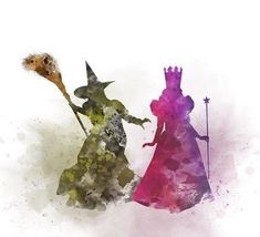 two silhouettes of people dressed in costumes and hats, one holding a wand while the other holds a flower