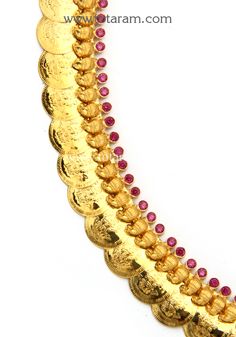 22 Karat Gold 'Mango Lakshmi Kasu' Kasulaperu Long Necklace With Red Stones   - 235-GN1414 - in 55.200 Grams for USD $4344.39. 
Made in India by Totaram Jewelers Online this product is in Gold - 22 Karat BIS Hallmark 916 KDM Gold  & is an excellent gift for Adult - Women. Ships fully insured with secured guaranteed delivery for free with your order over $250 from New Jersey USA & comes with 30 days exchange policy. 22k Gold Temple Necklace, Red 22k Gold Temple Necklace For Celebration, 22k Gold Round Temple Necklace For Puja, Astalakshmi Necklace Gold, Lakshmi Long Haram, Mango Design Long Necklace Gold, Red 22k Gold Necklace For Diwali, Diwali Red 22k Gold Necklace, Mango Haram With Lakshmi Pendant