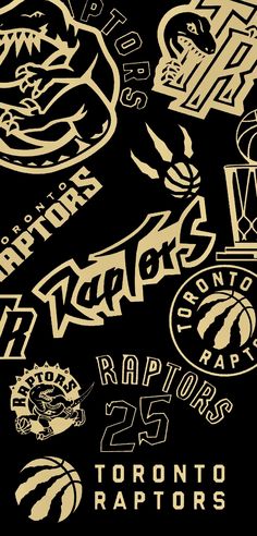 the toronto raptors logo and other sports related items are shown in gold on black