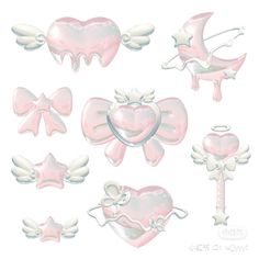 some pink and white items are in the shape of hearts, wings, and bows