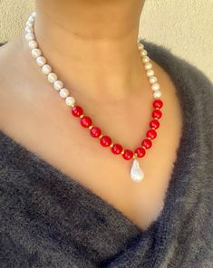 Genuine Red Coral Beaded Gemstone Chic Boho Necklace, Handmade Unique Freshwater Pearl and Coral Necklace. This elegant necklace made of high quality red coral, freshwater pearls and big baroque pearl pendant. You can wear it everyday. It is also perfect gift to your wife, mother, girlfriend and sister ☀️Dimension: 45 cm +4 cm extention chain If you do not want an extension chain or need additional extension chain, please inform me. 🌈Materials:Coral, Freshwater Pearl,14k gold plated Pendant: Ba Elegant Red Gemstone Beaded Necklace, Elegant Red Beaded Pearl Necklace, Elegant Red Pearl Necklace With Gemstone Beads, Elegant Single Strand Red Pearl Necklace, Red Elegant Pearl Drop Necklace, Elegant Red Pearl Drop Necklace, Elegant Red Single Strand Pearl Necklace, Elegant Red Faceted Bead Pearl Necklace, Elegant Red Pearl Necklace With Faceted Beads