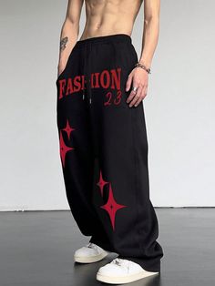 Men Casual Star & Letter Graphic Printed Drawstring Waist Wide-Legged Sweatpants, Going Out Long Street Wear Baggy Sweatpants, For Husband, Boyfriend Gifts Black    Fabric Geometric,Letter Straight Leg Slight Stretch  Men Clothing, size features are:Bust: ,Length: ,Sleeve Length: Graphic Sweatpants Men, Streetwear Fashion Sweatpants, Men Sweatpants Outfit, Colorful Streetwear, Men Sweatpants, Positive Clothes, Graphic Sweatpants, Hip Hop Pants, Baggy Sweatpants