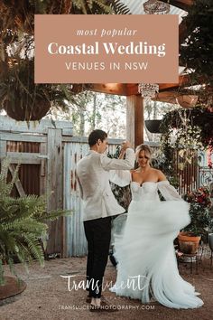 a newly married couple standing in front of a gazebo with the words most popular coastal wedding venues in new england