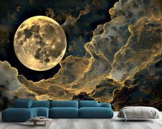 a living room with a couch and large wall mural on the wall, in front of a full moon