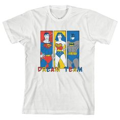 Dream Team unite! Superman, Wonder Woman, and Batman join forces as the Justice League on this boy's tee. The white shirt has a red, blue, and yellow color scheme to match with the heroes' costumes. It comes in short sleeves and offers a tear-away label for easier care. It was made with renewable energy and is a great tee for young DC fans. Wonder Woman And Batman, The Justice League, Yellow Colour Scheme, Superman Wonder Woman, The Justice, Sleeve Packaging, Blue Color Schemes, Boy Tees, Blue And Yellow