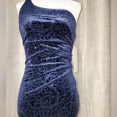 Brand New Love Nickie Lew- Navy Blue Sparkly One Shoulder Asymmetrical Dress, Jacquard Print, Velvet, Gathered Midsection, Size S, No Zipper Entry -Pullover Gold Wrap Dress, Navy Velvet Dress, Hoco Ideas, Distressed Dress, Burnt Orange Dress, Asymmetrical Hem Dress, Black Striped Dress, Peach Dress, Form Fitting Dress