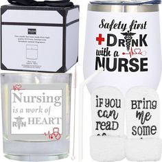 the nurse gift set includes two mugs, socks and a box