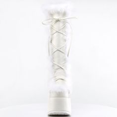 5" Platform Heel Faux Fur Knee High Boots. Lining And Upper Detail. Full Inner Side Zipper. White Faux Leather And Suede. Emac-311 Goth Platforms, Alternative Shoes, Demonia Shoes, Festival Shoes, Punk Boots, Gogo Boots, Suede Boots Knee High, Goth Punk, Cosplay Shoes