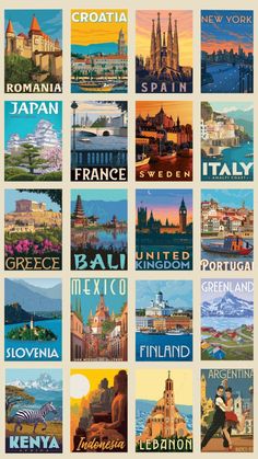 an image of many different travel posters