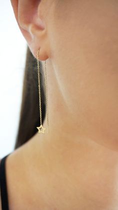 14K 9K Gold Star Threader Earrings, Solid Gold Minimalist Earrings, Dainty Star Threaders, Long Chain Earrings, Celestial gold earrings, Gift for her, FREE EXPRESS SHIPPING Dainty and minimalist 14K or 9K Solid gold threader earrings with a small star. A lovely, versatile pair of earrings/earring that you will love wearing all day, everyday! Whisper....Aiming for the stars! :) ------------------------------------------------- D E T A I L S 14K Solid Gold or 9K Solid Gold Length: 11cm / 4.3'' Sta Minimalist 14k Gold Earrings With Star Charm, Minimalist 14k Gold Star Charm Earrings, Dainty 14k Gold Star Charm Earrings, Dainty 14k Gold Earrings With Star Charm, Dainty Yellow Gold Star Charm Earrings, Dainty Yellow Gold Earrings With Star Charm, Dainty Yellow Gold Star Earrings, Yellow Gold Star Earrings For Everyday, Everyday 14k Gold Star Earrings