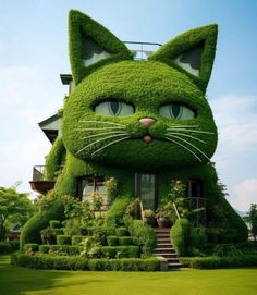 a cat made out of grass sitting in front of a house with steps leading up to it