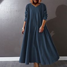 Season:Winter,Fall; Fabric:Cotton; Sleeve Length:Long Sleeve; Look After Me:Machine wash,Hand wash; Gender:Women's; Style:Basic,Casual; Elasticity:Micro-elastic; Occasion:Vacation,Daily,Going out,Weekend; Fit Type:Regular Fit; Dresses Type:Casual Dress,Shirt Dress,A Line Dress,Swing Dress; Pattern:Pure Color; Design:Patchwork; Neckline:V Neck; Special Size:Plus Size; Front page:FF; Listing Date:11/11/2022; Bust:; Length:; Shoulder Width:; Sleeve:; Waist:; Special selected products:PlusSize; Fit US Size:; Fit UK Size:; Fit EU Size:; Dress Length Type:Maxi long Dress Maxi Long Dress, Vacation Dress, Maxi Robes, Plus Size Maxi, Shirt Dress Casual, Chic Outfit, Vacation Dresses, Plus Size Maxi Dresses, Dress Maxi