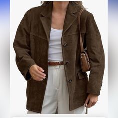 Purchased Accidentally On Amazon; Cannot Return And Didn’t Like On Me. So On Trend For Fall! Lightweight Faux Suede Classic Cut Brown Faux Leather Jacket, Suede Blazer, Sheepskin Jacket, Estilo Chic, Jean Trends, Jeans Casual, Collared Coat, 가을 패션, Leather Blazer