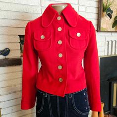 "Cute 1960's Little Red Wool Fleece Short Jacket with pearly  buttons on front, two small chest pockets and sleeves. Tailored fit, Lined in Taffeta. 15\" across shoulders 22\" sleeves 16\" across chest 19\" jacket length Great condition, a few Subtle moth bites. \"De Graff California by David Hayes\" Size Sm 8" Vintage Suspenders, Vintage Wardrobe, Fleece Shorts, Red Wool, Small Chest, Short Jacket, Fashion Inspo Outfits, Fashion Inspo, Jackets For Women