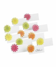 six different colored flowers on white paper with name tags in the middle and two small ones at the bottom