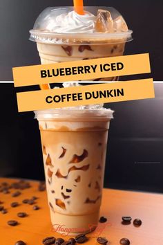 blueberry iced coffee dunkin in a plastic cup with whipped cream and chocolate sprinkles