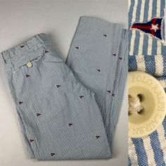 "Vintage Ralph Lauren Seersucker Pants with embroidered flags. Size 34 waist, 33 inseam, 11\" rise 100% cotton  Classic Menswear  Great condition." Casual Cotton Bottoms With Flag Print, Preppy Blue Cotton Bottoms, Blue Cotton Bottoms With Flag Print, Classic Menswear, Seersucker Pants, Vintage Ralph Lauren, Louisville Ky, Mens Trousers, Mens Pants