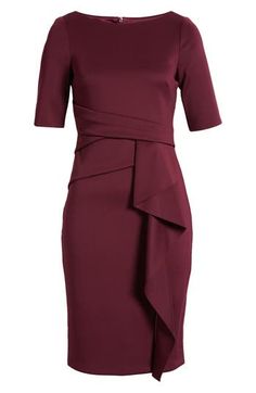 This sophisticated desk-to-dinner dress is designed with a tucked waistline and a luscious ruffle cascading down the skirt. 40 1/2" length ( size 8) Bateau neck Elbow-length sleeves 95% polyester, 5% spandex Hand wash, dry flat Imported Elegant Dress With Fitted Bodice And Folds, Formal Pleated Draped Dress, Elegant Formal Dresses With Folds, Elegant Midi Dress With Folds, Elegant Fitted Dress With Folds, Formal Dresses With Fitted Bodice And Folds, Pleated Fitted Midi Dress For Formal Occasions, Fitted Pleated Midi Dress For Formal Occasions, Formal Fitted Midi Dress With Ruffles