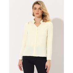 This shirt is elegant and charming for workwear or a day-to-night look, with a cut-out v-neck and unique shoulder details. No-see-through chiffon fabric and stylish v-neck make it a perfect choice for work, office, and daily wear. Pair this work office shirt with a pencil skirt, work pants, or casual jeans. The return of a classic, this button-up shirt is cut from in a chiffon sateen in an always flattering fit-and-flare silhouette. Model Body Size: Height: 5'9", Chest: 33 inches, Waist: 24 inch Classic V-neck Blouse For Semi-formal Occasions, Semi-formal Solid V-neck Top, Chic Solid Color V-neck Shirt, Feminine V-neck Blouse For The Office, Spring V-neck Shirt For Office Wear, Spring Formal V-neck Shirt, V-neck Office Lady Shirt For Office Wear, Spring V-neck Office Shirt, Office Lady V-neck Shirt For Office Wear