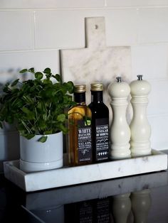 some bottles are sitting on a shelf next to a potted plant