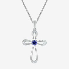 Features: Religious JewelryJewelry Closure: Spring Ring ClaspLink Construction: SolidSetting: ProngShape: CrossStone Cut: RoundStone Millimeter Measurement: 3 Mm Width, 3 Mm LengthMetal Color: WhiteChain Length: 18 InchChain Width: .7 MillimetersPendant Length: 27.5mmPendant Width: 15.8mmChain Construction: RopeCare: Wipe CleanStone Type: 13 Lab Created SapphireAuthenticity: Lab Created StoneBirthstone: September BirthstoneMetal: Sterling SilverNecklace Type: Pendant NecklacesCountry of Origin: Elegant Blue Cross Jewelry, Sapphire Pendant With Diamond Accents, Sapphire Pendant Jewelry With Diamond Accents, Blue Cross Pendant Necklace For Anniversary, Blue Cross Jewelry For Anniversary, Sterling Silver Cross Necklace With Birthstone, Silver Cross Jewelry With Birthstone, Sterling Silver Cross Necklace With Gemstone, Silver Cross Pendant Necklace With Birthstone