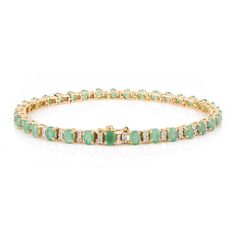 This is part of Chairish’s Fine Jewelry assortment.  This Oval Cut Emerald and Diamond Tennis Bracelet in 18K gold showcases endlessly sparkling natural emerald, weighing 5.68 carat and diamonds weighing 0.74 carats. It measures 7.5 inches long in length.  Emerald enhances intellectual capacity of the person. Designed with perfect oval cut emerald with diamonds set after each emerald to make you stand out on any occasion or event. The elegant style complements the attire beautifully and is a per Fine Jewelry Emerald Bracelet With Brilliant Cut, Luxury Yellow Gold Emerald Tennis Bracelet, Green Brilliant Cut Diamond Bracelet, Green Brilliant Cut Diamond Bracelet Fine Jewelry, Green Brilliant Cut Diamond Bracelet In Fine Jewelry Style, Fine Jewelry Emerald Tennis Bracelet In Yellow Gold, Fine Emerald Tennis Bracelet In Yellow Gold, Gucci Bracelet, Louis Vuitton Bracelet