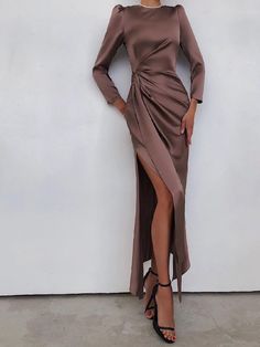 Women's Dresses Slit High Waist Long Sleeve Waist Tie Dress - LuckyFash™ Sukienki Maksi, Waist Tie Dress, Long Sleeve Satin Dress, Maxi Dresses Fall, Stil Elegant, Women's Robe, Tie Waist Dress, Hem Design, Women Maxi