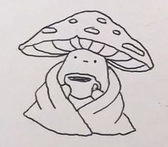 a drawing of a person wrapped in a blanket with two mushrooms on their head