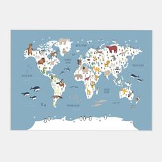 the world map with animals on it is shown in blue and has white lettering that says,