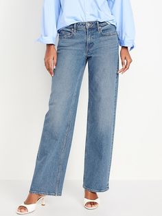 Mid-Rise Wide-Leg Jeans | Old Navy Jeans For Over 60 Women, Mid Rise Wide Leg Jeans, Jeans Women Over 50, Midwest Style, Blue Flare Jeans, Frilly Blouse, Cropped Flare Jeans, Loose Fit Jeans, Classy Casual Outfits