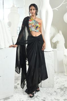 Black pre-draped saree with sequin placement embroidery. Paired with thread, sequin, cutdana embroidered one shoulder blouse. - Aza Fashions Sahil Kochhar, Sarees Black, Placement Embroidery, Draped Saree, Drape Saree, Blouse For Women, Black Thread, Saree With Blouse, Aza Fashion