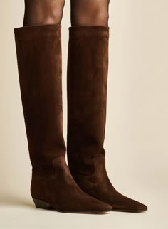 The Marfa Knee-High Boot in Coffee Suede– KHAITE Brown Suede Boots Outfit, Suede Boots Outfit, Knee High Boots Flat, French Girl Chic, Brown Knee High Boots, Cinderella Shoes, Brown Suede Boots, Walk In My Shoes, Fall 24