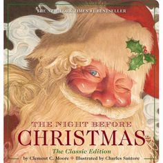 the night before christmas book cover with santa's face and holly leaves on it