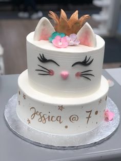 a white cake with a cat face on top